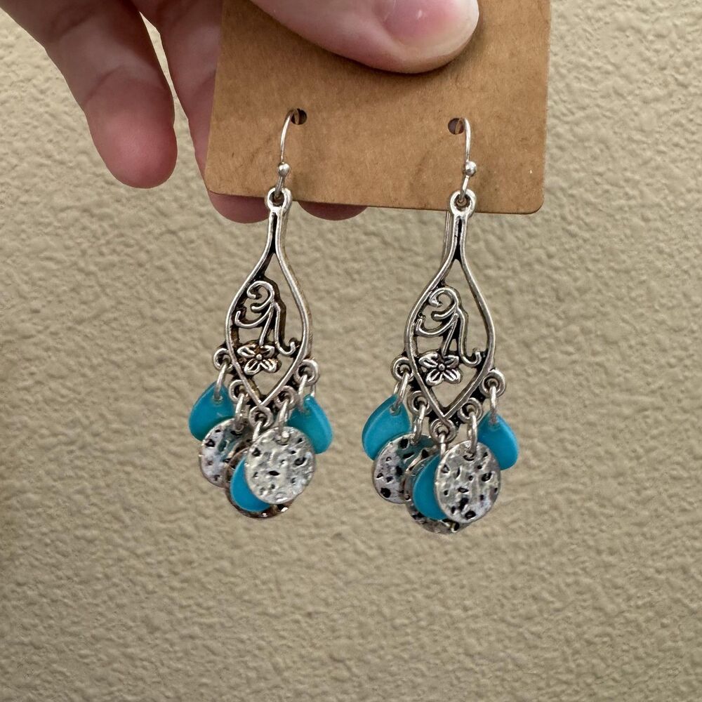 Silver Tone Faux Turquoise Teardrop Disc Dangle Drop Earrings Women Boho Jewelry